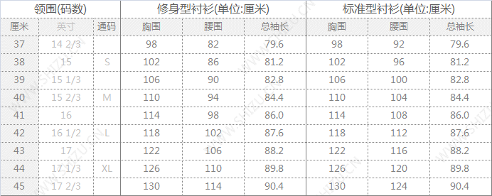 衬衫尺码对照表